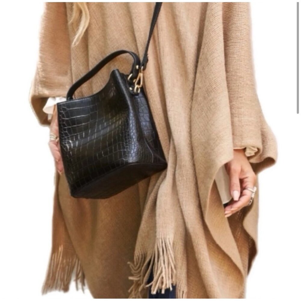 Revolve AOTA NWT Elena Crossbody Bucket Bag in Black Croc Vegan Leather Purse